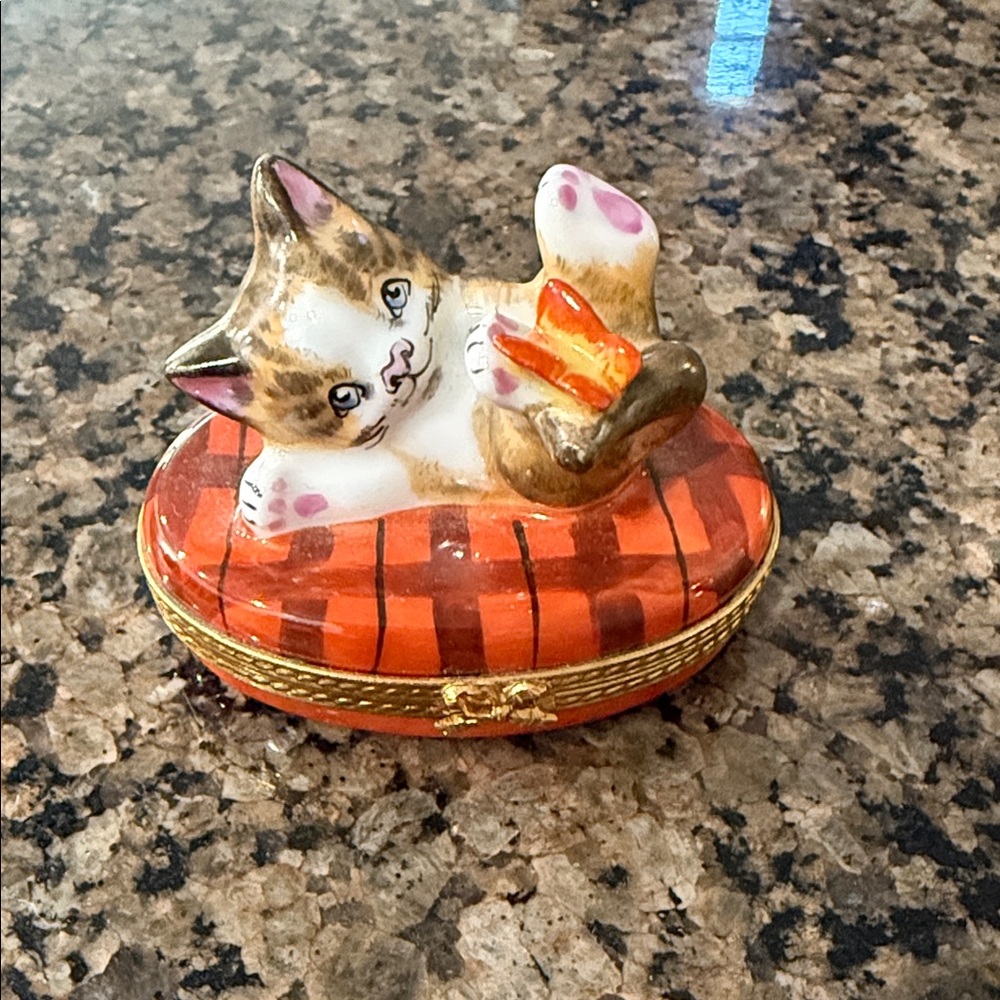 Official Limoges- Cat and butterfly Trinket Box with Orange and Gold Accents